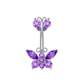 Macro shot of silver navel ring featuring dual purple zircon butterfly accents - Silver Purple Zircon Butterfly