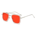 Pilot-style square sunglasses with red lenses and transparent silver frames - Silver Frame Clear Ring Red Lens