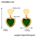 Gold stainless steel heart earrings with colorful glass stones and size measurements - Green Faceted Stone Gold Earrings (F947)