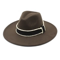 Detailed view of brown wool fedora hat with black grosgrain ribbon and white bead trim - M (56-58cm) / Brown
