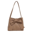 Khaki PU leather shoulder bag featuring a large decorative bow and slim straps - Khaki