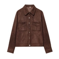 Vintage dark brown faux suede jacket with lapel collar and chest pockets for women - S / Chestnut