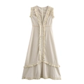 Bohemian sleeveless maxi dress with deep V-neck and layered tassel details in beige - XS / Light Gray
