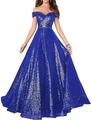 Élégante robe de soirée trapèze bleu foncé à paillettes et épaules dénudées pour femmes - US size 2 / Bottoms / Bleu royal