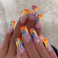 Uñas postizas largas cuadradas con degradado naranja y amarillo y flores azules - Patrón de flores azul amarillo naranja (AW519) / Con Pegamento de Gelatina y Lima de Uñas