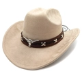 Close-up of beige suede cowboy hat with brown band and silver bull head metal ornament - M (56-58cm) / Camel