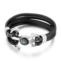 Herenarmband van zwart gevlochten leer met zilverkleurig anker en functioneel kompas - Zilveren Kompas Anker Zwart Leren Koord (KB79228-BD)
