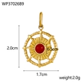 Bohemian gold stainless steel round pendant with a red natural stone and woven edge - Red Agate Style (WP37026B9)