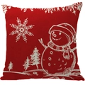 Red Christmas linen pillowcase featuring white snowman, snowflakes and trees prints - A08
