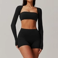 Three-piece black yoga set with cropped long sleeve top, tube top and high waist shorts - S / Top And Bottom / Premium Black