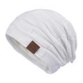 Winter white knit beanie with soft plush lining and stylish brown leather sport patch - Pure White