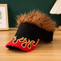 Black sun visor hat featuring brown spiky wig hair and flame embroidery on the brim - Black + Coffee Hair