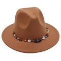 Detail of bohemian colorful beaded band with wooden flowers on brown felt fedora hat - One Size / Khaki (Obsidian Decoration)