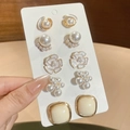 Set of five elegant gold earrings featuring pearls, camellia flowers and square studs - 6# Gold/White (Silver Pin)