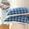 Pair of blue and white checkered cotton gauze pillow towels with textured fabric detail - With Straps/1 Piece / Blue Plaid
