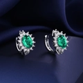 Elegant silver earrings with oval green gemstone and white zircon halo in hoop design - Green Diamond Sunflower Earrings Led-138