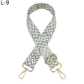 Close-up of adjustable green and white geometric diamond pattern nylon shoulder strap with gold hardware - L-9 Matcha Green