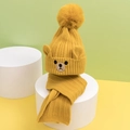 Set berretto e sciarpa in maglia gialla per bambini con pompon e orecchie da orso - Cappello + Sciarpa / Giallo