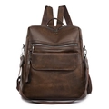 Brown faux leather fashion backpack for women with multiple zippers and 14 inch laptop space - Dark Brown