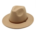 Detailed texture of khaki wool felt fedora hat with brown leather band and metal buckle - M (56-58cm) / Camel