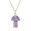 Macro detail of natural purple stone mushroom pendant on delicate golden chain necklace - Lilac Stone