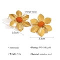 Orecchini vintage a fiore dorato in acciaio inossidabile con topazio arancione - Oro con pietra arancione