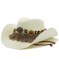 Chapeau de cowboy en paille à large bord avec bande perlée et mentonnière ajustable - M (56-58cm) / Blanc Cassé