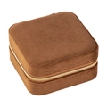 Compact dark brown velvet jewelry box with square zipper design for rings and necklaces - Brown