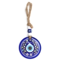 Detail of blue evil eye glass pendant with floral patterns and beaded jute rope - Colorful Floral Style (BE1688BU06)