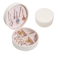 Mini round PU leather travel jewelry organizer in cream white with velvet interior - Off White