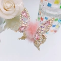 Pink butterfly hair clip with crystals and soft feather accents on a golden base - Mink Fur Ball Butterfly / Pink