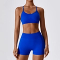 Conjunto de yoga sin costuras azul oscuro con pantalones cortos y sujetador deportivo - S / Sujetador + Pantalones Cortos / Azul