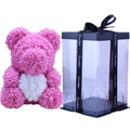 Pink artificial rose teddy bear with a white heart in a transparent gift box packaging - Flower Bear+40CM Gift Box+Light / Clear Pink with White Heart
