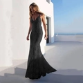 Elegante vestido de noche de encaje negro con cuello en V y silueta de sirena sensual - S / Negro