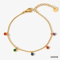 Gold stainless steel beaded bracelet with colorful round zirconia stones and lobster clasp - Five-Color Bezel-Set Zirconia Bead Bracelet (SAK948)
