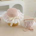 Detailed view of pink straw hat and lace bag set with delicate bow for girls - 52cm 2-5 Years Old / Pink Jewelry Set