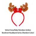 Christmas reindeer antler headband with red velvet bow and white snowflake patterns - TK-07BR (Brown Velvet Snowflake Antler Bow Headband)