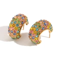 18K gold plated C-shaped hoop earrings with colorful pavé rhinestones on white background - Gold - Multicolor Zirconia