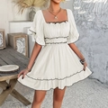 White boho summer mini dress with square neck, ruffle sleeves and black wavy hem trim - S / Apricot