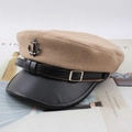 Khaki wool baker boy hat with black leather brim and silver anchor metal badge - One Size 58cm / Khaki Bound Leather Edge Style