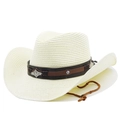 Detail of cream straw cowboy hat with brown leather band and silver vintage rivets - M (56-58cm) / Creamy White