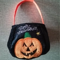 Black plush Halloween candy bag with orange pumpkin embroidery and Happy Halloween text - Single Pumpkin