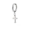 Detail of silver stainless steel hoop earring with cross pendant in polished finish - Cross C