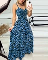 Blue leopard print maxi dress with thin straps and layered tiered skirt design - S / Top And Bottom / Blue
