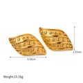 Golden vintage leaf stud earrings with embossed texture, size 3.32cm by 2.31cm - Retro Leaf Earrings