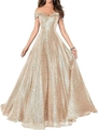 Robe de soirée trapèze à paillettes or champagne avec épaules dénudées pour bal - US size 2 / Haut Et Bas / Bleu foncé