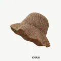 Handmade khaki straw hat with colorful braided decorative trim for women - L (58-60cm) / Colorful Stitching Khaki