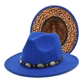 Royal blue fedora hat with metal studded leather belt and leopard print lining - M (56-58cm) / Sapphire Blue