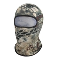 Close-up of breathable camouflage tactical balaclava with durable black elastic eye trim - Green Python Pattern