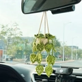 Handmade crochet green plant car mirror hanging ornament with white pot - White + Army Green Hollow Leaves